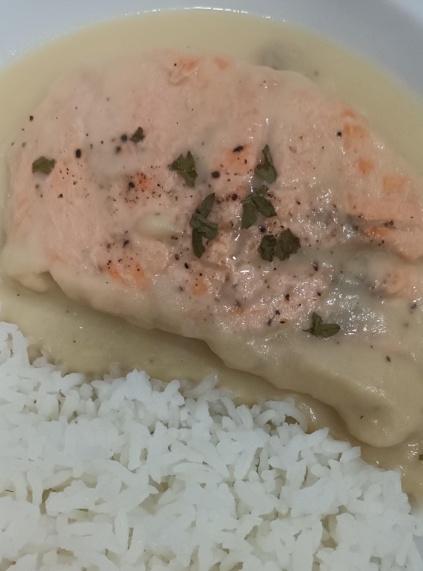Salmón en salsa de cebolla con arroz jazmín - ensupuntoadomicilio