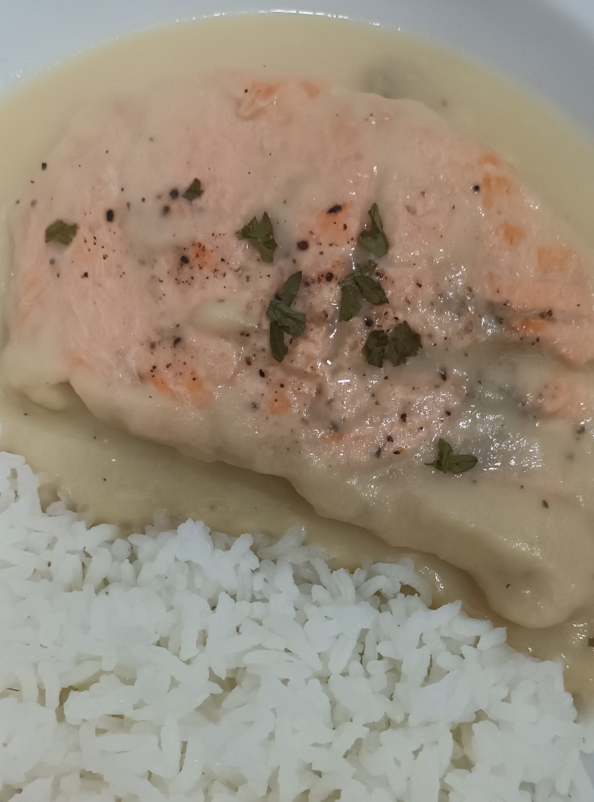 Salmón en salsa de cebolla con arroz jazmín - ensupuntoadomicilio